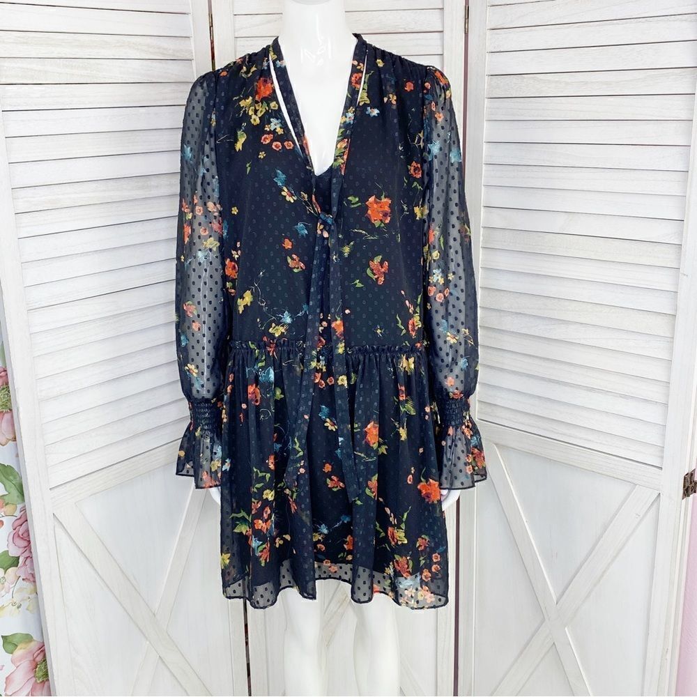 Laundry by Shelli Segal Floral Polka Dot Ruffle Cuff Babydoll Shift Dress Black